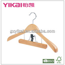 wooden coat hanger with wide shoulders and trousers clamp